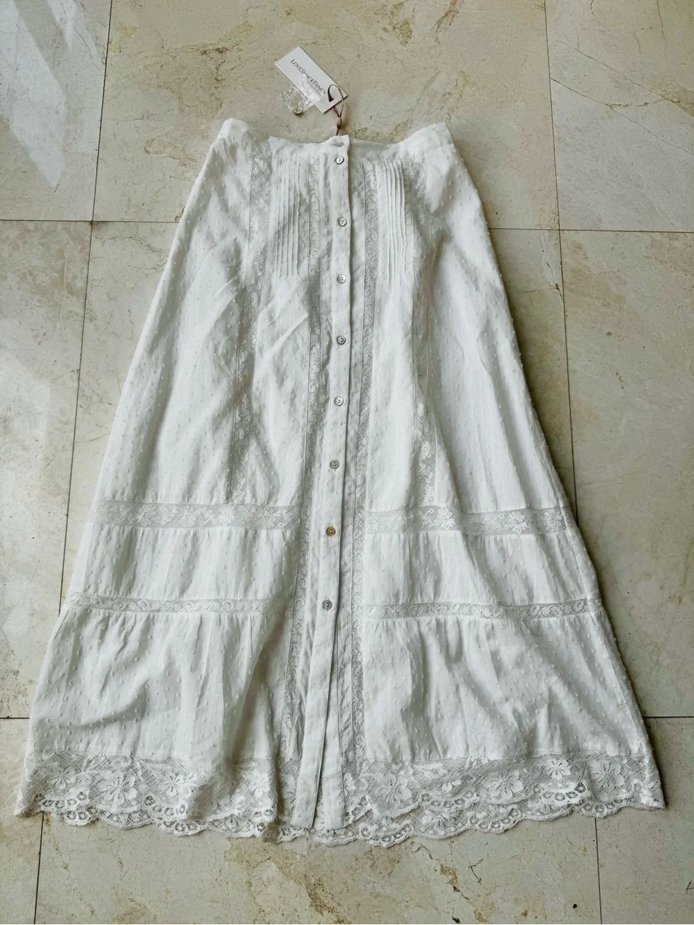LoveShackFancy Alessia White Button-Front Maxi Skirt Elegant Lace Panel size 00